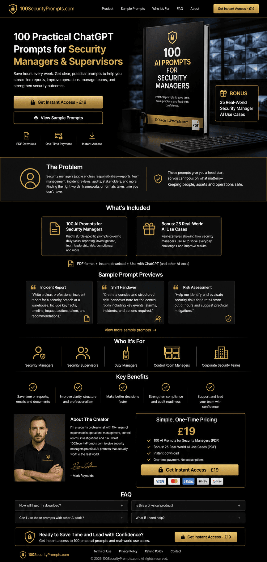 Premium black and gold preview of 100 AI Prompts for Security Managers